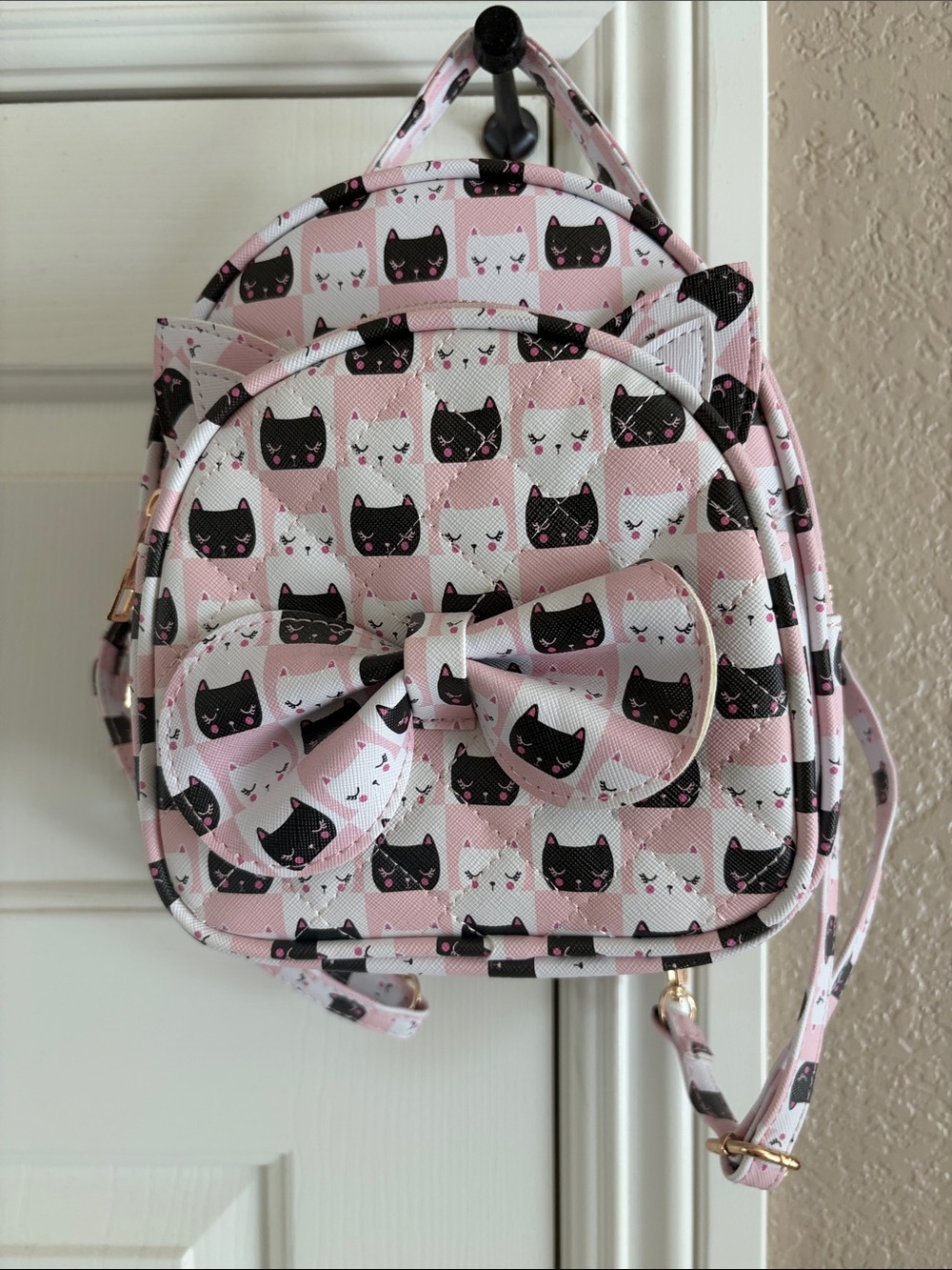 Kids Pink Cat Print Mini Backpack with Bow